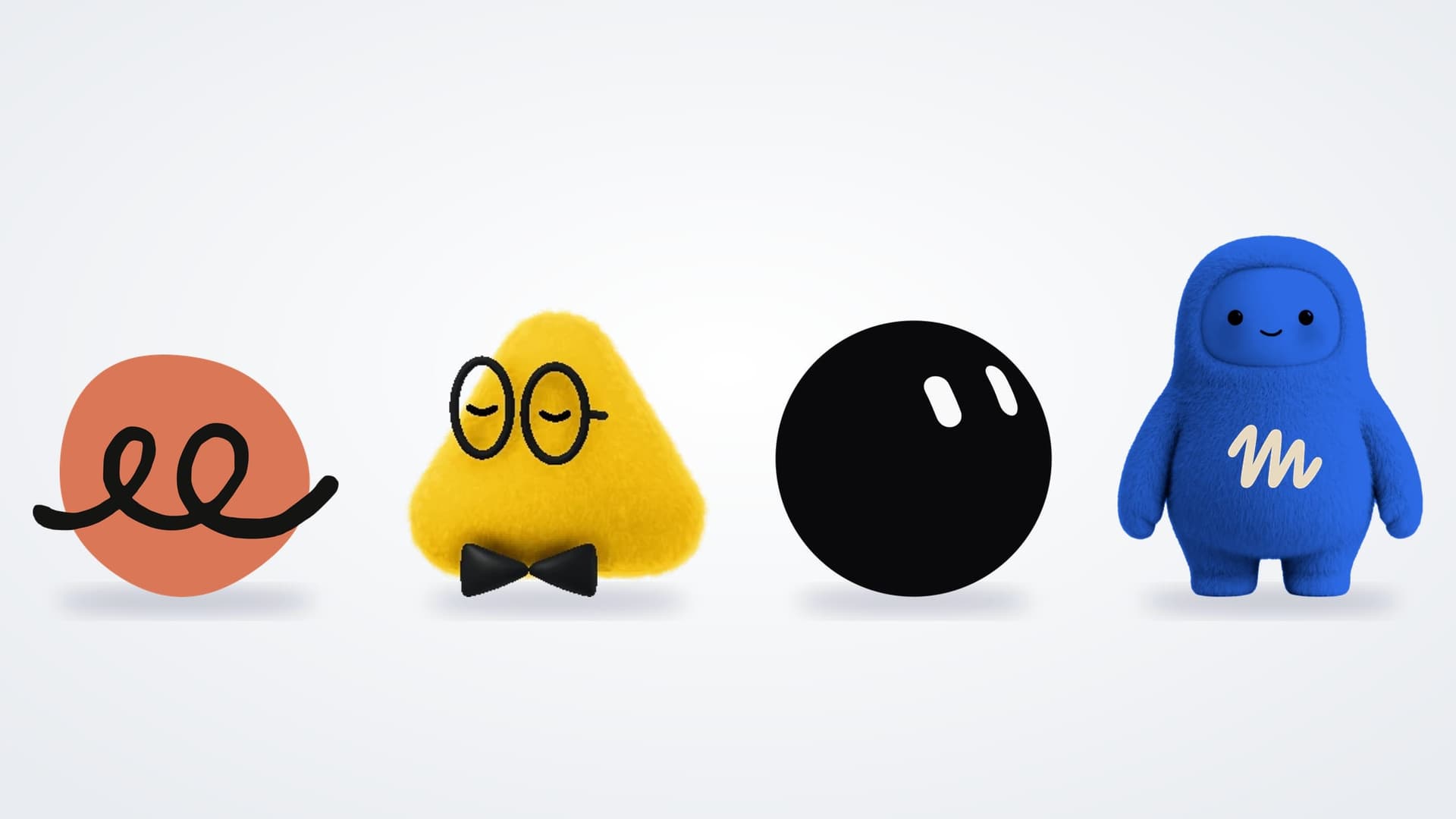 Gli avatar di Claude Duet, OpenAI Dots, Grok Bot e Meta Muse in fila: segno arancione, triangolo giallo con occhiali, sfera nera e pupazzo blu
