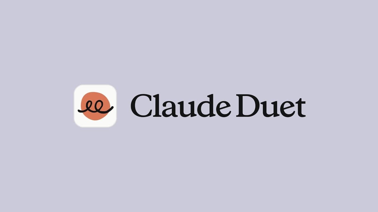 Il logo di Claude Duet, segno nero a riccioli su forma arancione, accanto alla scritta Claude Duet su fondo lilla