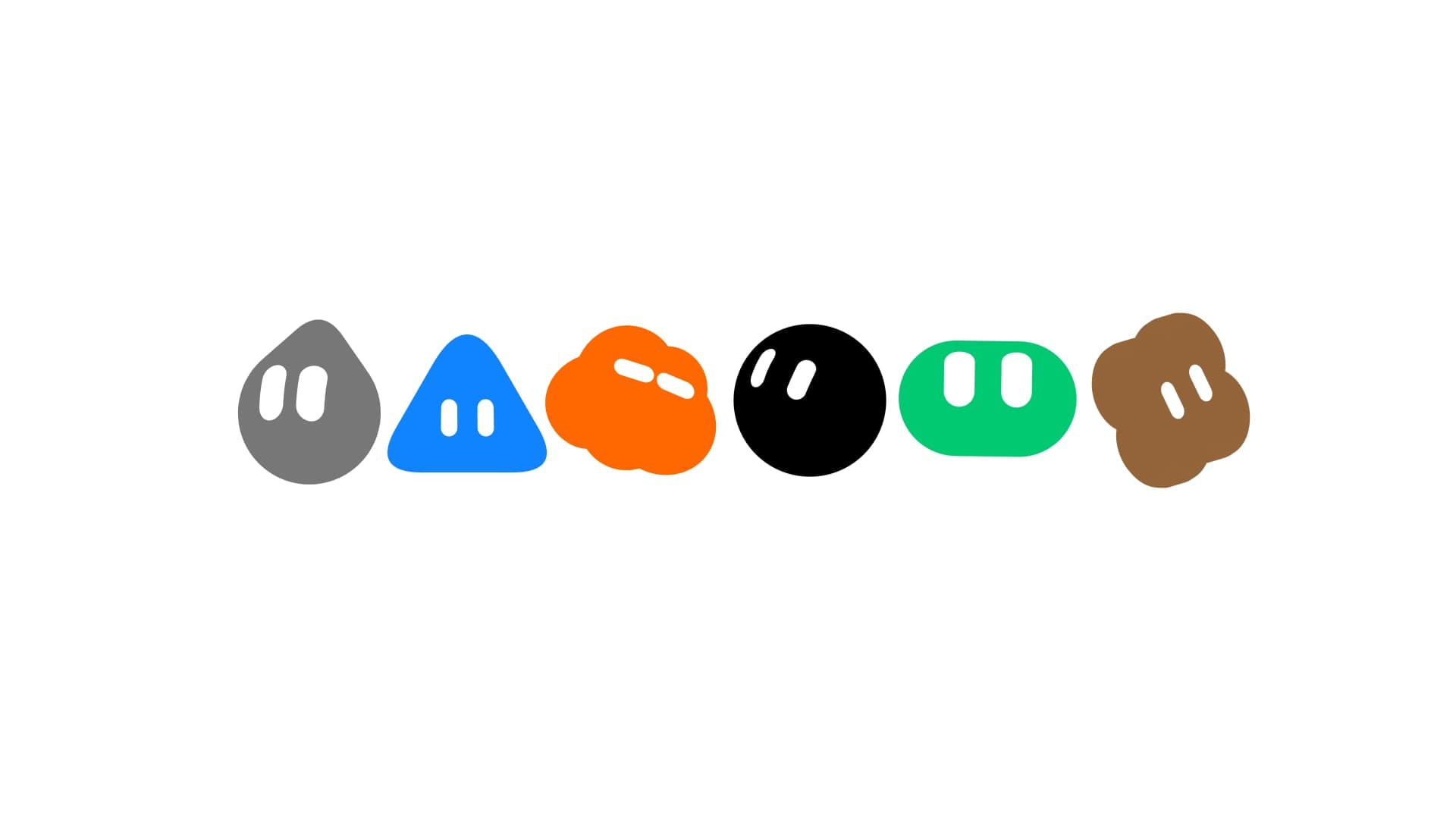 Sei avatar di Grok Bot in fila su fondo bianco: goccia grigia, triangolo blu, nuvola arancione, sfera nera, forma verde e fiore marrone