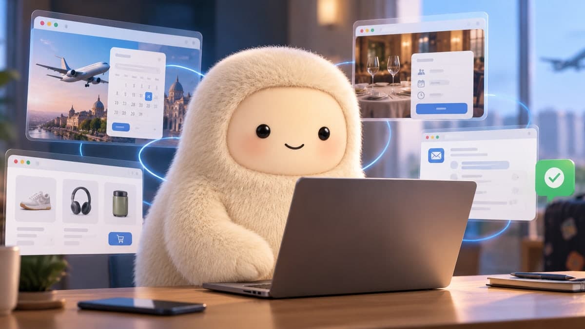 Il pupazzo peloso di Meta Muse al portatile, circondato da finestre con calendario, voli, prenotazioni, acquisti ed email